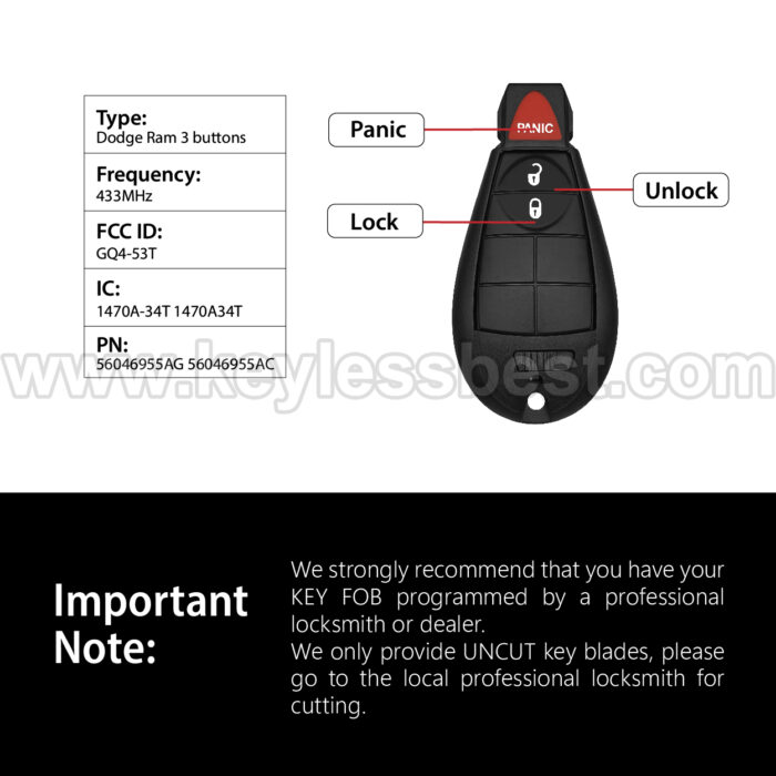 2013-2019 Dodge RAM 1500 Classic Ram / 3 Buttons Keyless Entry Remote / GQ4-53T / PN: 56046955AG, 56046955AC / ID46/7961 - Image 3