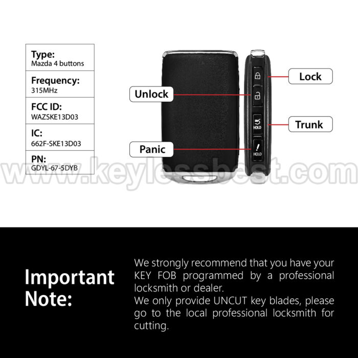 2020-2023 Mazda CX-3 CX-5 CX-9 / 4 Buttons Keyless Entry Remote / WAZSKE13D03 / PN:  TAYB-67-5DYB, TAYB-67-5DY - Image 3