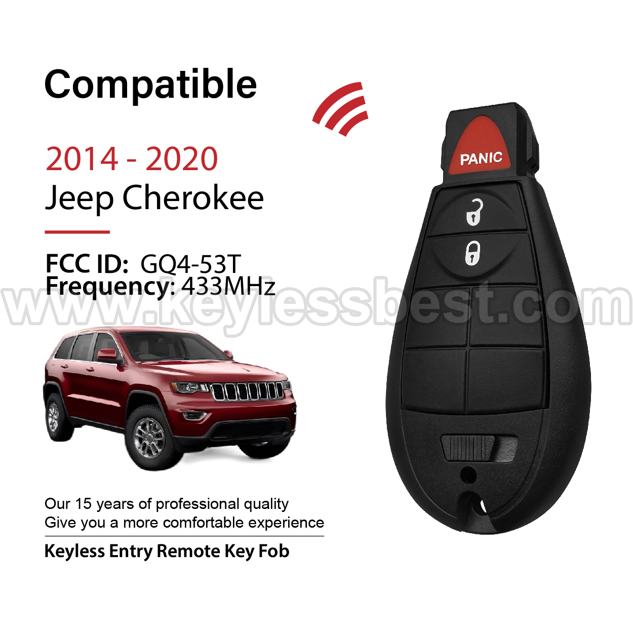 2014-2020 Jeep Cherokee / 3 Buttons Keyless Entry Remote / GQ4-53T / 4A ID47 - Image 2