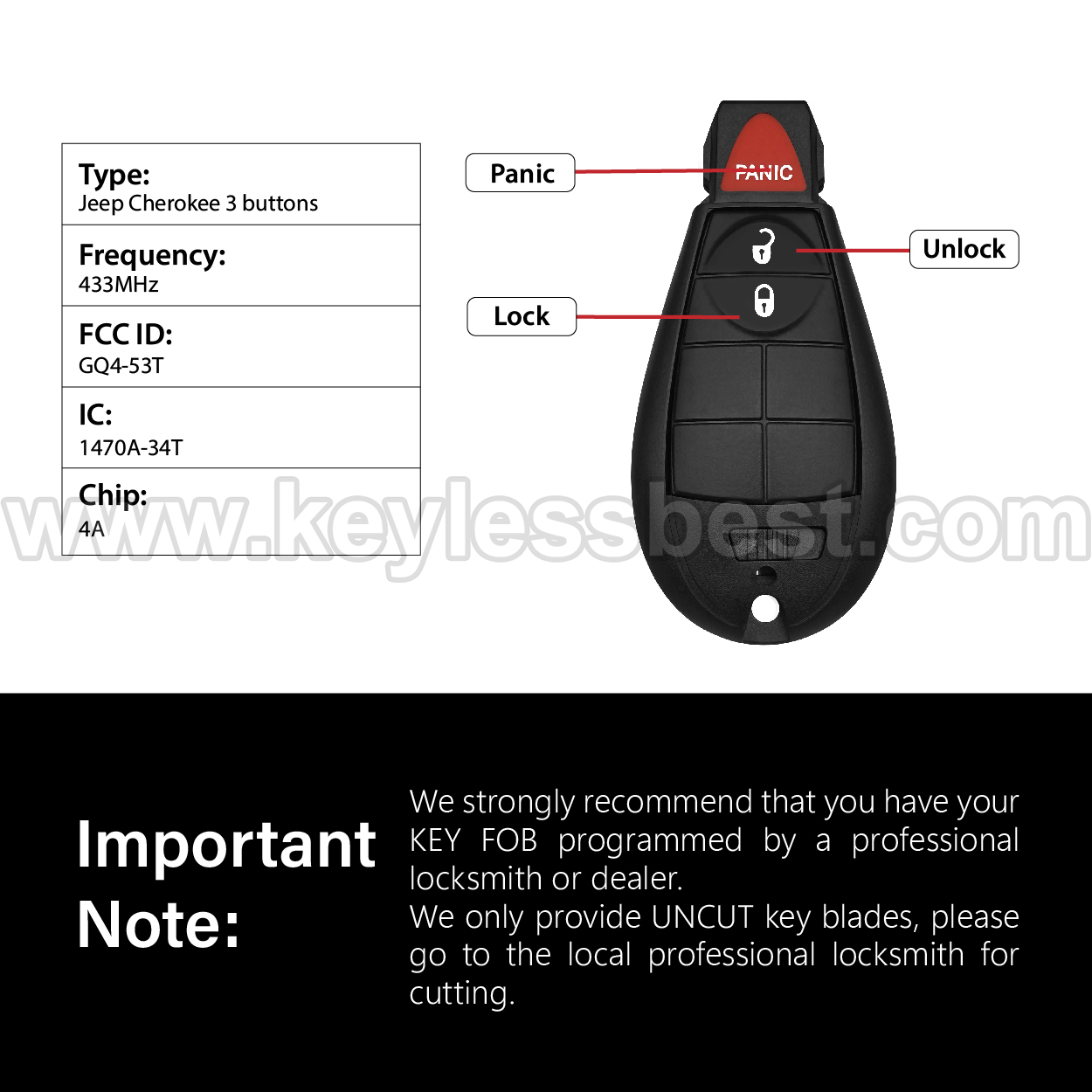 2014-2020 Jeep Cherokee / 3 Buttons Keyless Entry Remote / GQ4-53T / 4A ID47 - Image 3