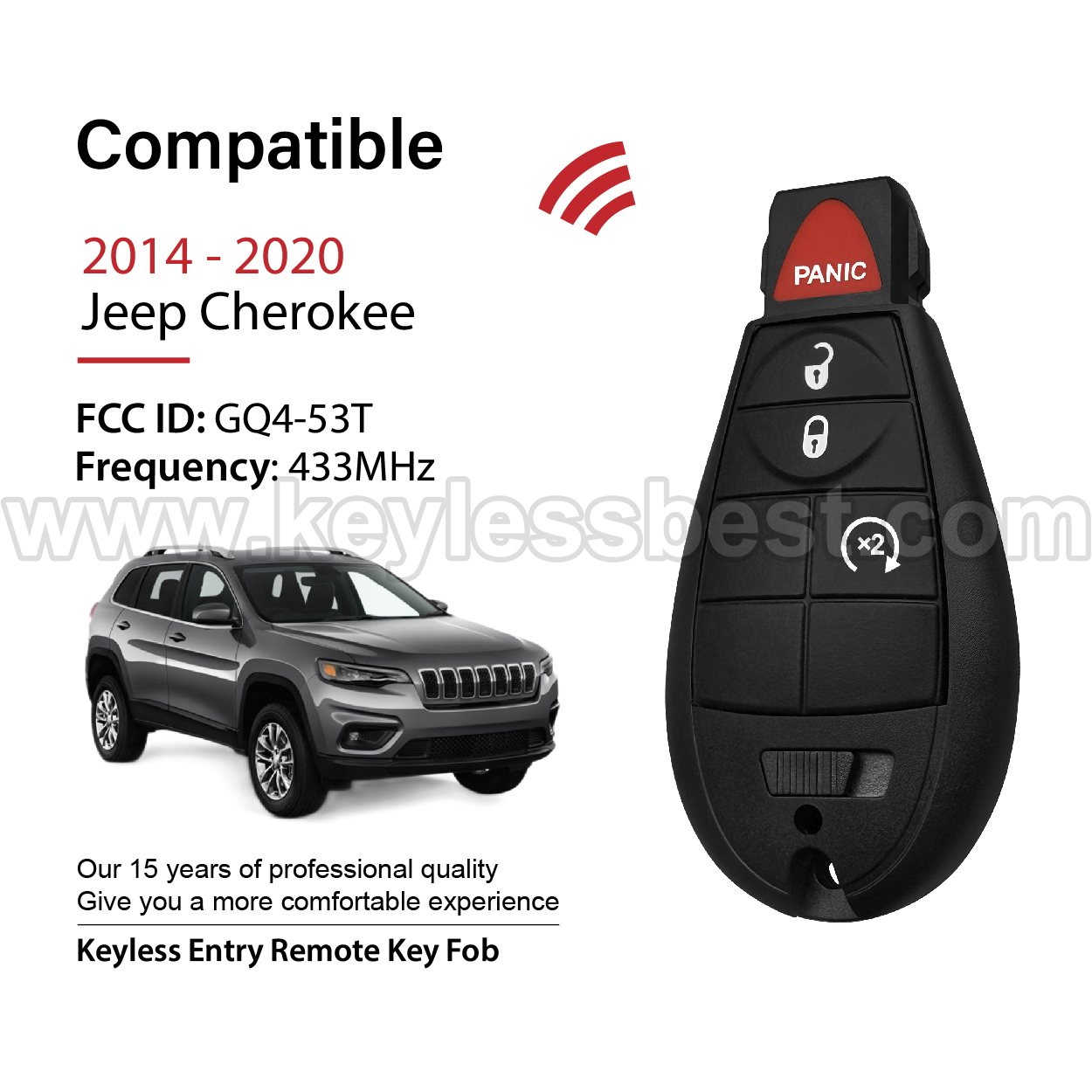 2014-2020 Jeep Cherokee / 4 Buttons Keyless Entry Remote / GQ4-53T / 4A ID47 - Image 2