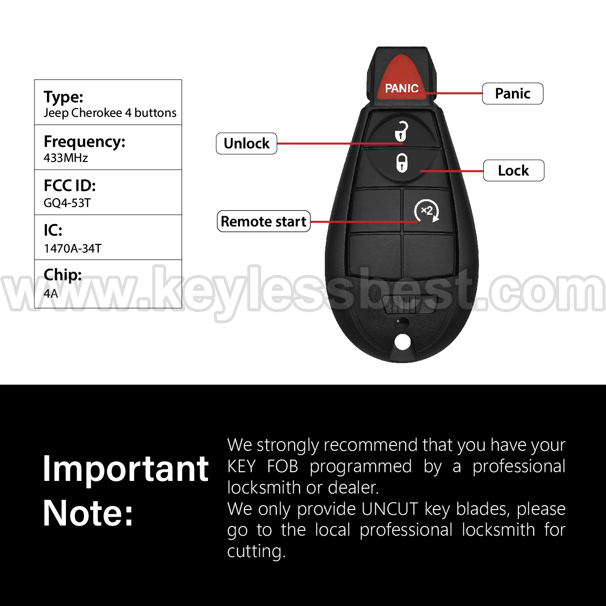2014-2020 Jeep Cherokee / 4 Buttons Keyless Entry Remote / GQ4-53T / 4A ID47 - Image 3