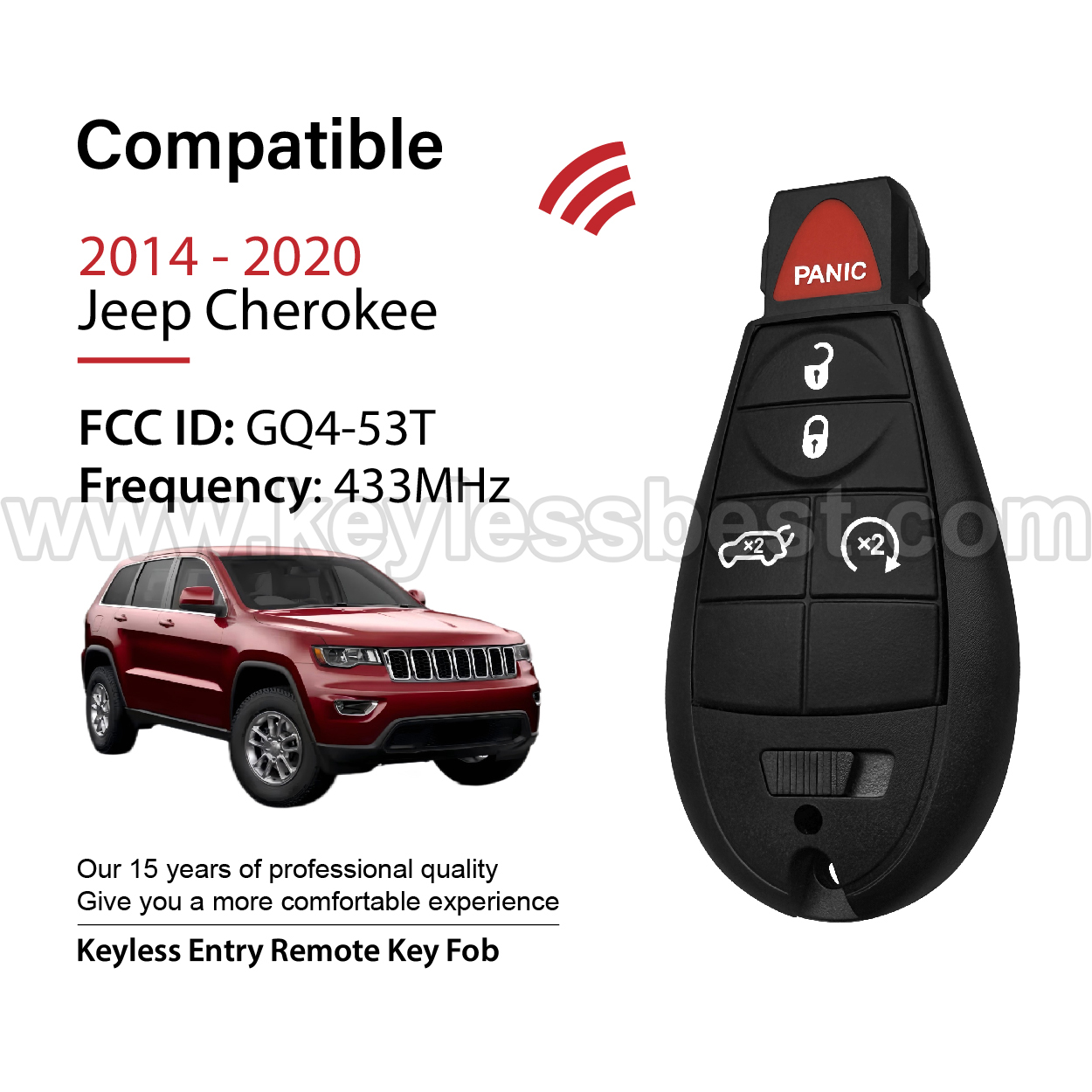 2014-2020 Jeep Cherokee / 5 Buttons Keyless Entry Remote / GQ4-53T / 4A ID47 - Image 2