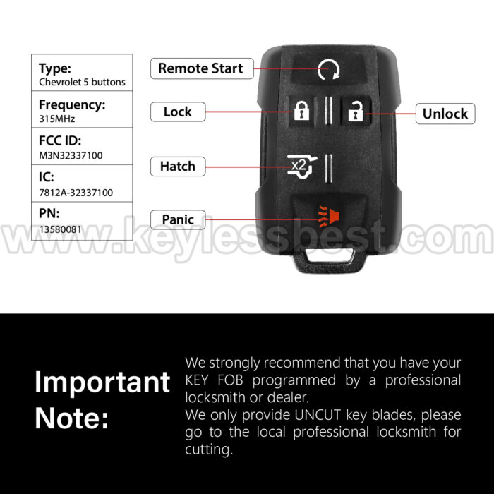 2015-2020 Chevrolet GMC Suburban Yukon Tahoe / 5 Buttons Keyless Entry Remote / M3N32337100 / PN: 13580081 - Image 3