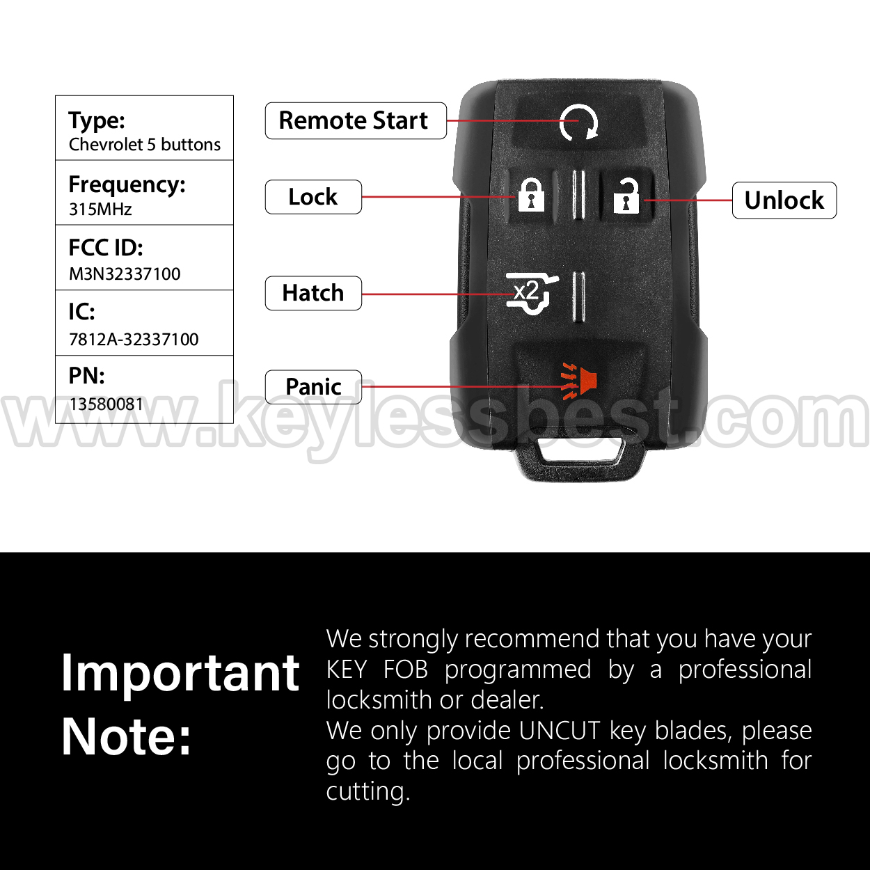 2015-2020 Chevrolet GMC Suburban Yukon Tahoe / 5 Buttons Keyless Entry Remote / M3N32337100 / PN: 13580081 - Image 3