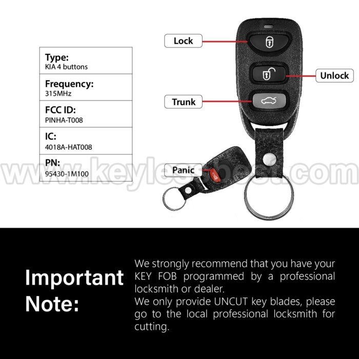 2010-2014 Kia Hyundai Forte Forte Koup Elantra / 4 Buttons Keyless Entry Remote / PINHA-T008 / PN: 95430-1M100 - Image 3