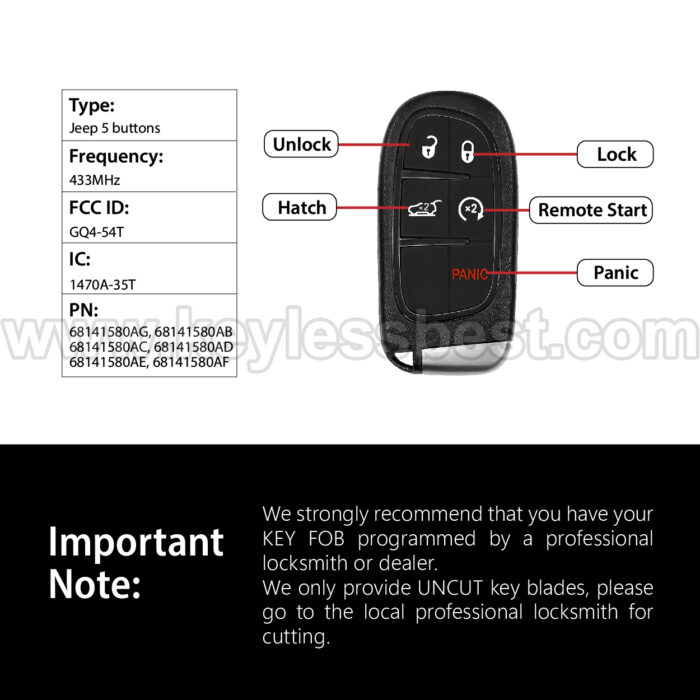 2014 - 2021 Jeep Cherokee / 5 Buttons Keyless Entry Remote / GQ4-54T / PN: 68141580AG, 68141580AB, 68141580AC, 68141580AD, 68141580AE, 68141580AF / 4A - Image 3