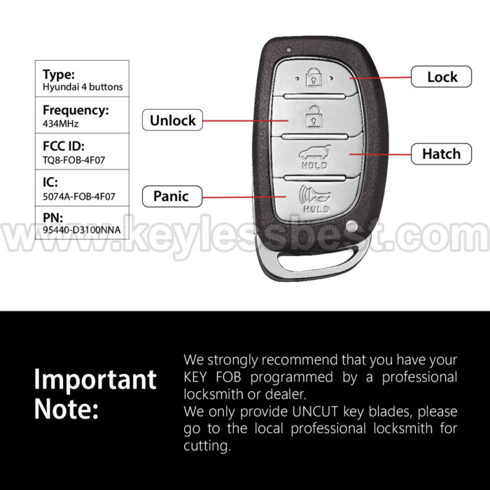 2016-2017 Hyundai Tucson / 4 Buttons Keyless Entry Remote / TQ8-FOB-4F07 / PN: 95440-D3100NNA / 47 HITAG3 - Image 3