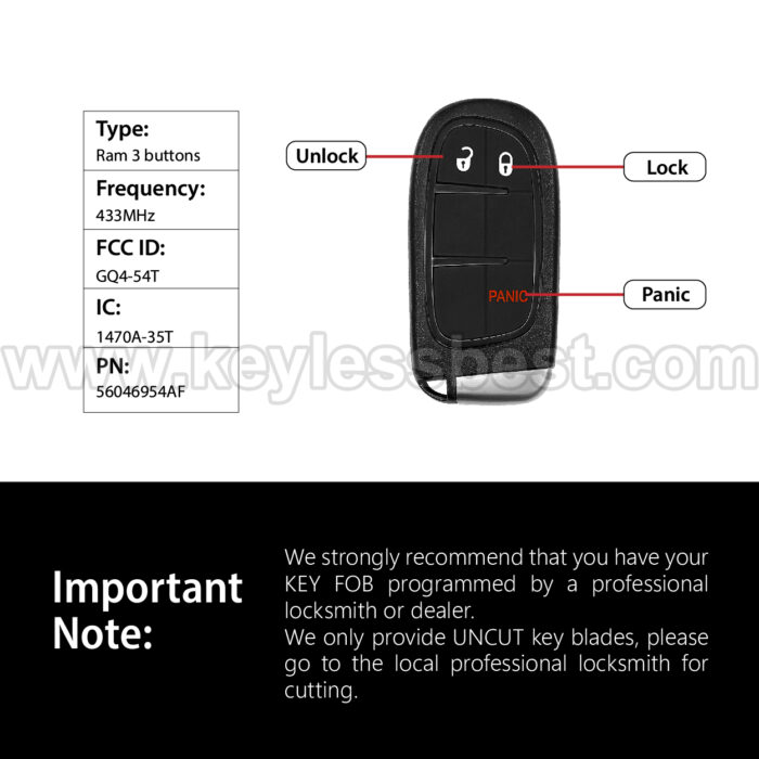 2013-2019 Ram 1500 2500 3500 / 3 Buttons Keyless Entry Remote / GQ4-54T / PN: 56046954AF / 46 - Image 3