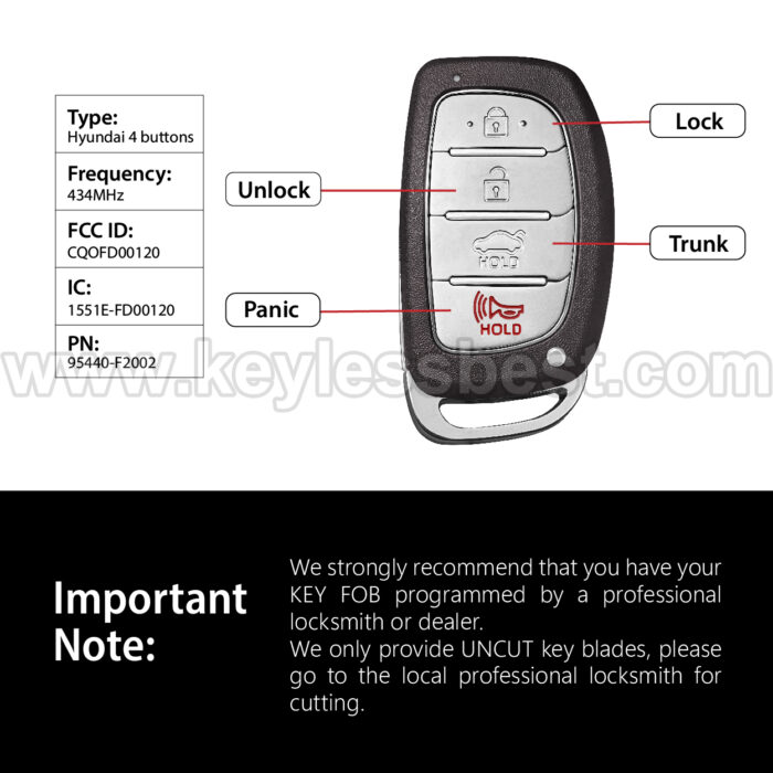 2019-2020 Hyundai Elantra / 4 Buttons Keyless Entry Remote / CQOFD00120 / PN: 95440-F2002 / 47 HITAG3 - Image 3
