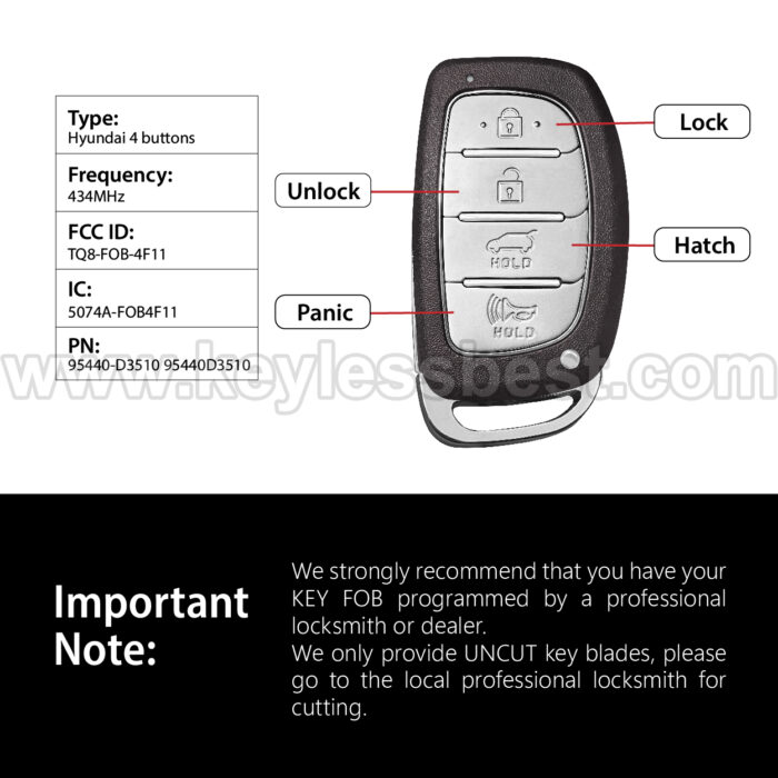 2019-2021 Hyundai Tucson / 4 Buttons Keyless Entry Remote / TQ8-FOB-4F11 / PN: 95440-D3510 95440D3510 / 47 HITAG3 - Image 3