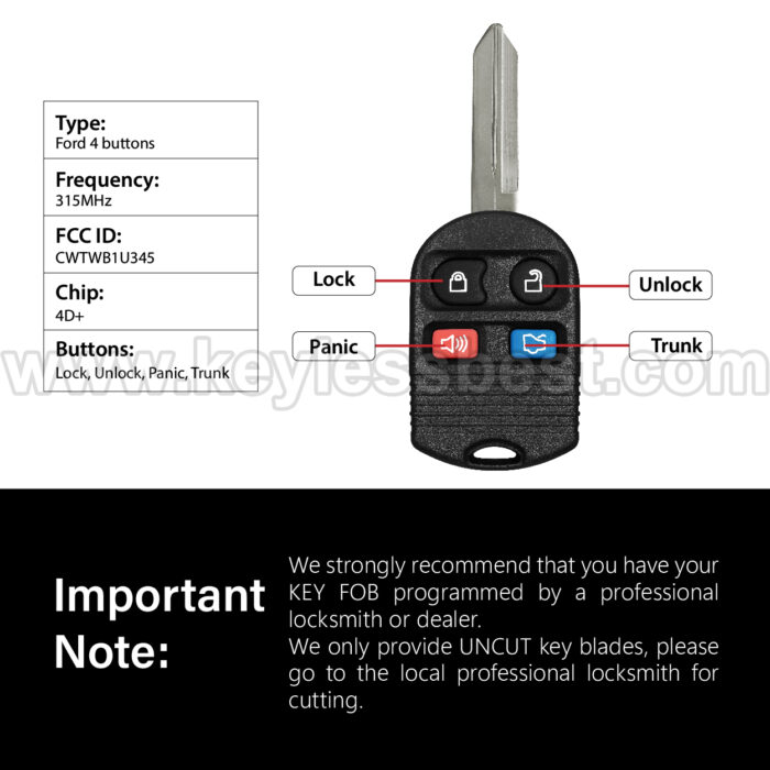 1999-2016 Ford Lincoln Mercury Mazda Crown Victoria / 4 Buttons Keyless Entry Remote / CWTWB1U345 - Image 3
