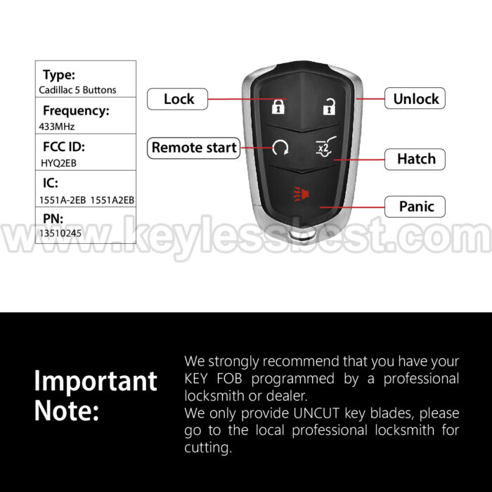 2015-2020 Cadillac XT5 XTS XT4 SRX / 5 Buttons Keyless Entry Remote / HYQ2EB / PN: 13598516 / 46 - Image 3