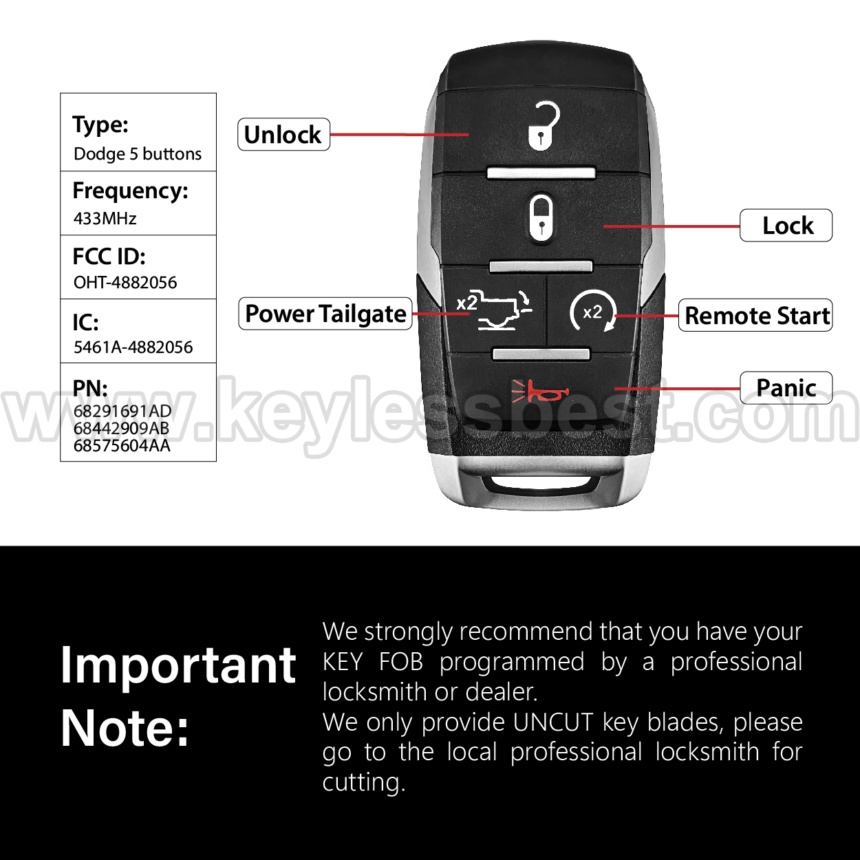 Clé de télécommande Dodge Ram 1500 Pickup 2019-2024 68291691AD pour Keylessbest