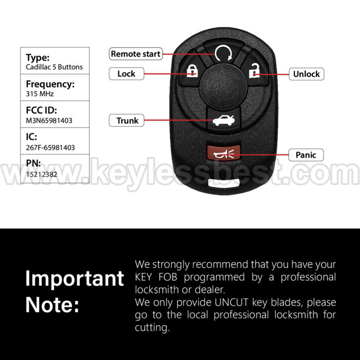 2005-2007 Cadillac STS / 5 Buttons Keyless Entry Remote / M3N65981403 / Replaces PN: 15212382 - Image 3