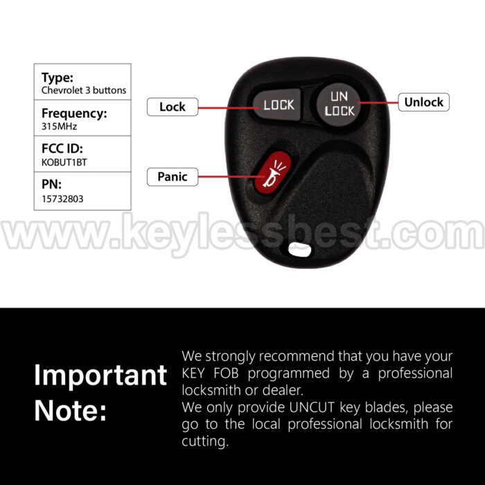 1998-2002 Chevrolet GMC Oldsmobile S10 Yukon Sonoma Sierra Silverado Suburban Tahoe Astro Blazer C/K Pickup Jimmy Safari Bravada / 3 Buttons Keyless Entry Remote / KOBUT1BT / PN: 15732803 - Image 3