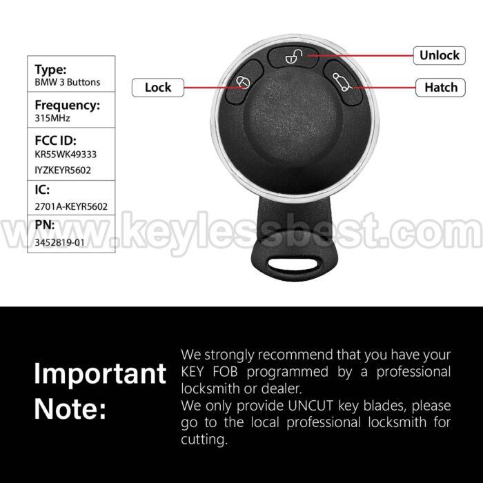 2006-2014 Mini Cooper Cooper Countryman Cooper Paceman / 3 Buttons Keyless Entry Remote / KR55WK49333, IYZKEYR5602 / PN: 3452819-01 / 46 - Image 3