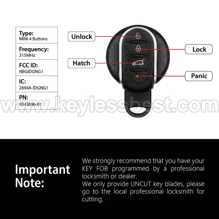 2014-2018 Mini Cooper / 4 Buttons Keyless Entry Remote / NBGIDGNG1 / PN: 9345896-01 / 49 HITAG PRO - Image 3