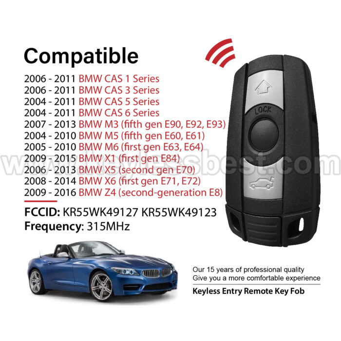 2004-2016 BMW CAS 1 Series CAS 3 Series CAS 5 Series CAS 6 Series M3 M5 M6 X1 X5 X6 Z4 / 3 Buttons Keyless Entry Remote / KR55WK49127 - Image 2