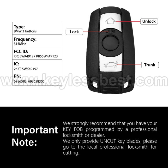 2004-2016 BMW CAS 1 Series CAS 3 Series CAS 5 Series CAS 6 Series M3 M5 M6 X1 X5 X6 Z4 / 3 Buttons Keyless Entry Remote / KR55WK49127 - Image 3