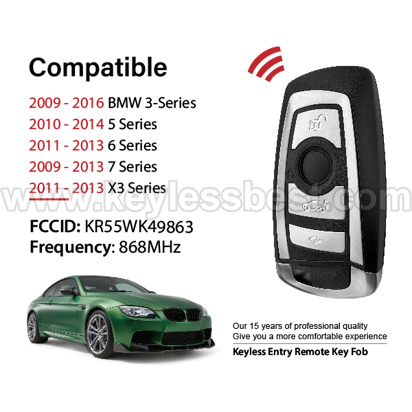 2009-2016 BMW 3-Series 5 Series 6 Series 7 Series X3 Series / 4 Buttons Keyless Entry Remote / KR55WK49863 / ID 49 - Image 2