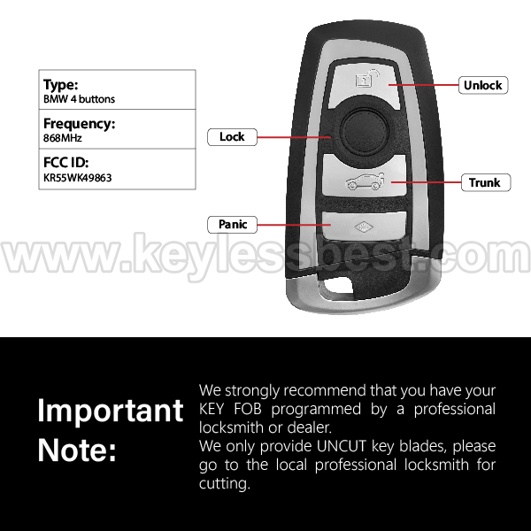 2009-2016 BMW 3-Series 5 Series 6 Series 7 Series X3 Series / 4 Buttons Keyless Entry Remote / KR55WK49863 / ID 49 - Image 3