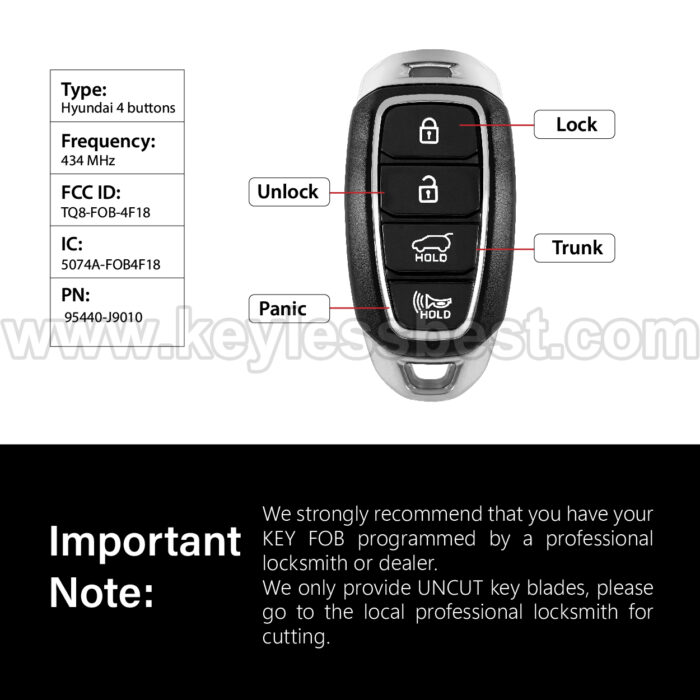 2018-2020 Hyundai Kona / 4 Buttons Keyless Entry Remote / TQ8-FOB-4F18 / PN:95440-J9010 - Image 3