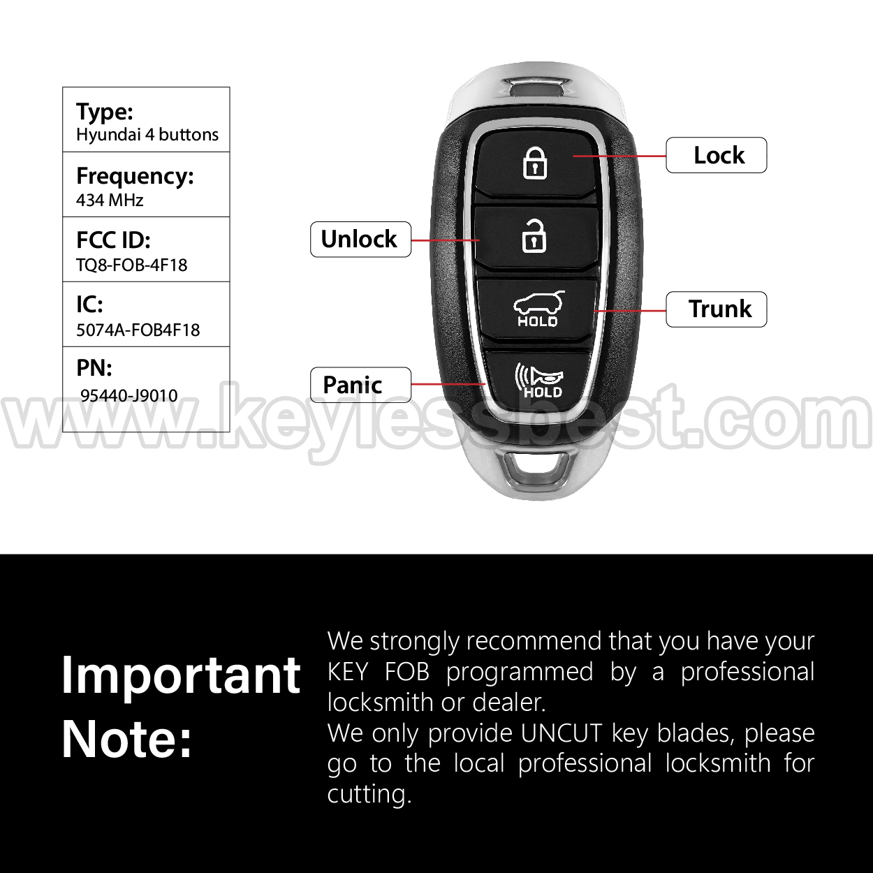 2018-2020 Hyundai Kona / 4 Buttons Keyless Entry Remote / TQ8-FOB-4F18 / PN:95440-J9010 - Image 3