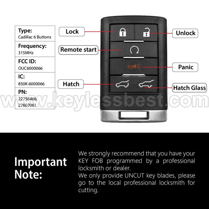 2007-2014 Cadillac Chevrolet GMC Escalade Suburban Tahoe Yukon / 6 Buttons Keyless Entry Remote / OUC6000066 / PN:22756466, 27607061 - Image 3