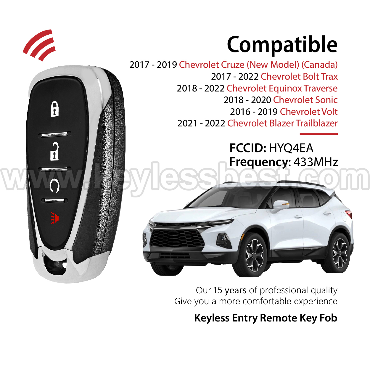 2016-2022 Chevrolet Bolt Cruze (New Model) Cruze (Canada) Equinox Sonic Traverse Trax Trailblazer Volt / 4 Buttons Keyless Entry Remote / HYQ4EA / PN:13585728 13529638 / 46 - Image 2