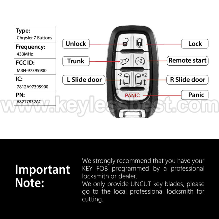 2017 - 2024 Chrysler Pacifica Voyager / 7 Buttons Keyless Entry Remote / M3N-97395900 / PN: 68217832AC, 68217832AD, 68217832AB / 4A - Image 3