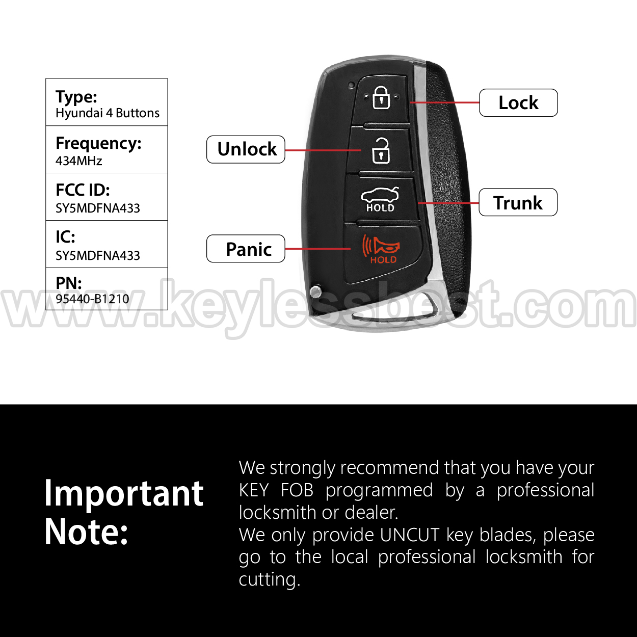 2015-2016 Hyundai Genesis / 4 Buttons Keyless Entry Remote / SY5MDFNA433 / PN:95440-B1210 / 47 - Image 3
