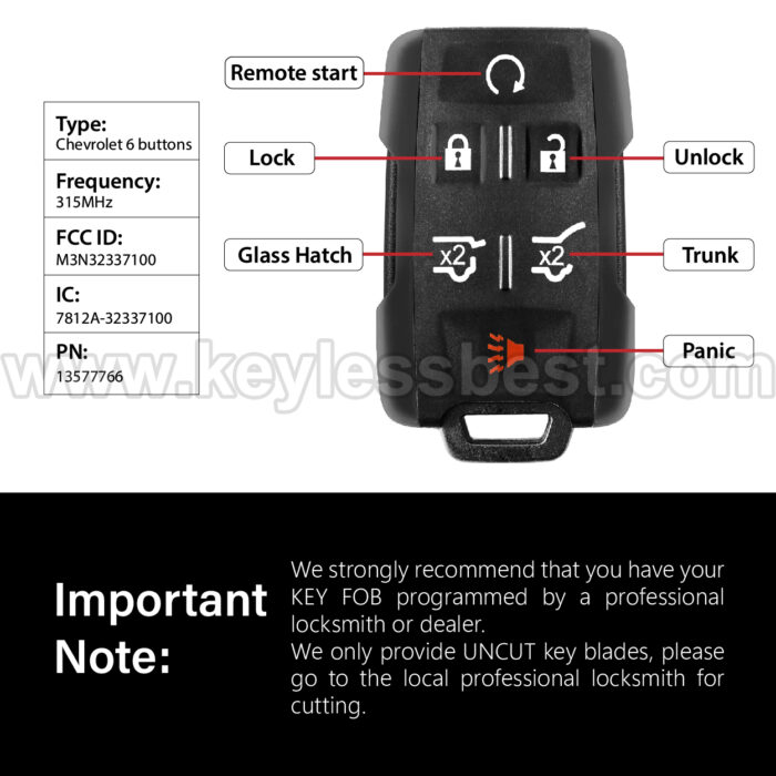 2015-2020 Chevrolet GMC Tahoe Suburban Yukon / 6 Buttons Keyless Entry Remote / M3N32337100 / PN: 13577766 - Image 3