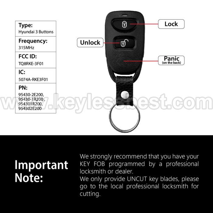 2012-2014 Hyundai Accent / 3 Buttons Keyless Entry Remote / TQ8RKE-3F01 / PN: 95430-2E200, 95430-1R200 , 954301R200, 954302E200 - Image 3
