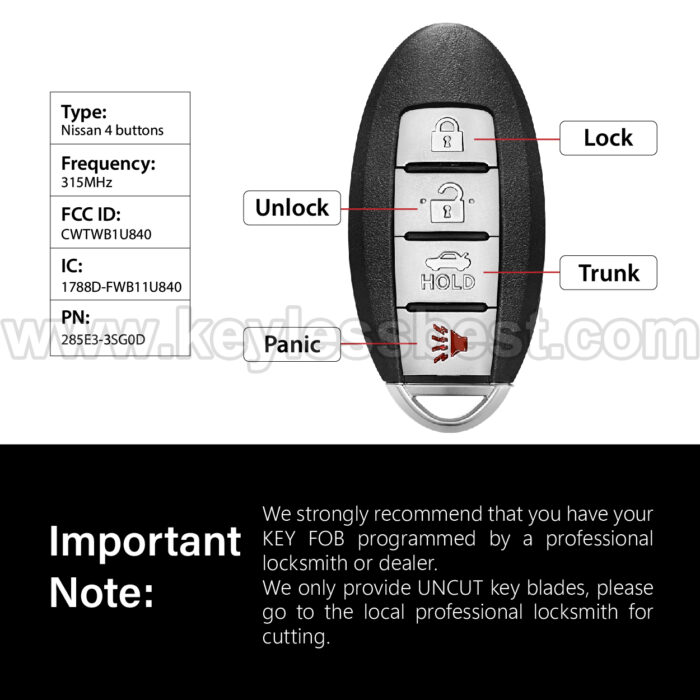 2013-2019 Nissan Sentra Versa Leaf / 4 Buttons Keyles s Entry Remote / CWTWB1U840 / PN:285E3-3SG0D / ID46 - Image 3