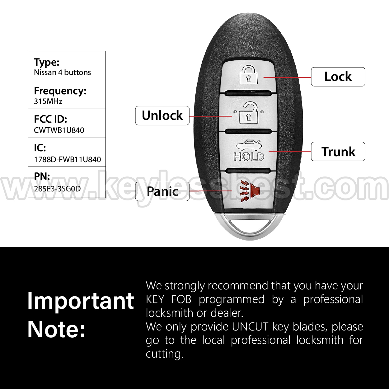 2013-2019 Nissan Sentra Versa Leaf / 4 Buttons Keyles s Entry Remote / CWTWB1U840 / PN:285E3-3SG0D / ID46 - Image 3