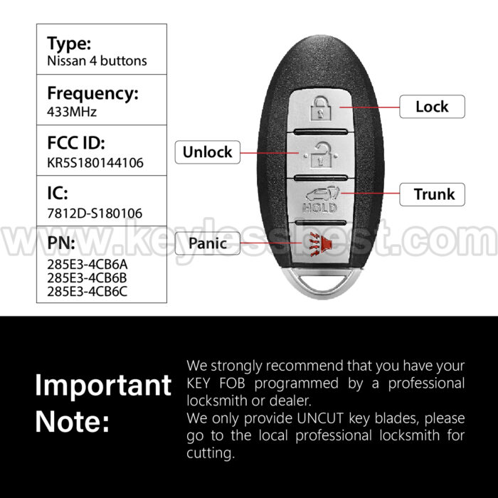 2014-2016 Nissan Rogue / 4 Buttons Keyless Entry Remote / KR5S180144106 / PN:285E3-4CB6A, 285E3-4CB6B, 285E3-4CB6C / 4A - Image 3