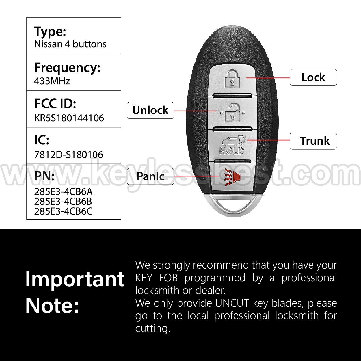 2014-2016 Nissan Rogue / 4 Buttons Keyless Entry Remote / KR5S180144106 / PN:285E3-4CB6A, 285E3-4CB6B, 285E3-4CB6C / 4A - Image 3