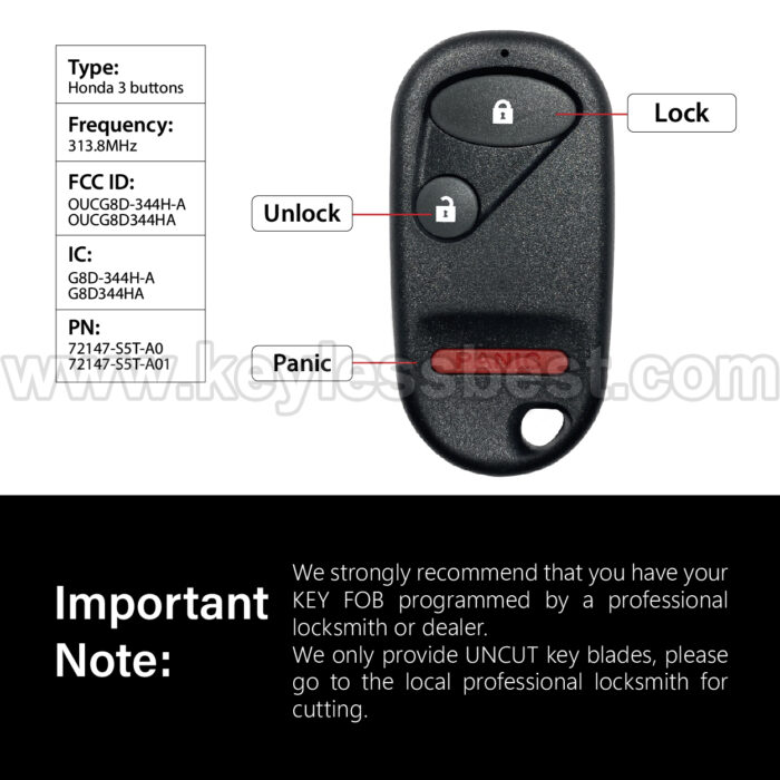 2002-2011 Honda Civic SI trim only Element 5 Door EX CR-V / 3 Buttons Keyless Entry Remote / OUCG8D-344H-A OUCG8D344HA / PN: 72147-S5T-A01 72147-S5T-A01 - Image 3