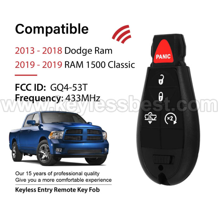 2013 - 2019 Dodge RAM Ram 1500 Classic / 5 Buttons Keyless Entry Remote / GQ4-53T / PN: 68159655AG, 68159655AF; 68159655AD; 68159655AB; 68159655AC / ID46/7961 - Image 2