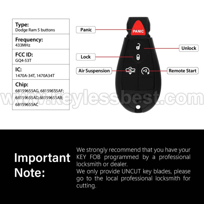 2013 - 2019 Dodge RAM Ram 1500 Classic / 5 Buttons Keyless Entry Remote / GQ4-53T / PN: 68159655AG, 68159655AF; 68159655AD; 68159655AB; 68159655AC / ID46/7961 - Image 3