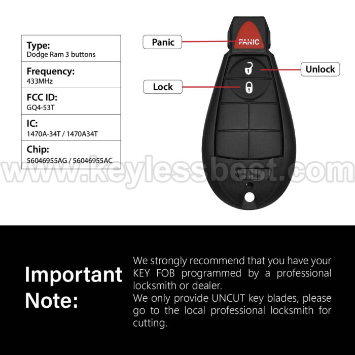 2013 - 2019 Dodge RAM Ram 1500 Classic / 3 Buttons Keyless Entry Remote / GQ4-53T / PN: 56046955AG, 56046955AC / ID46/7961 - Image 3