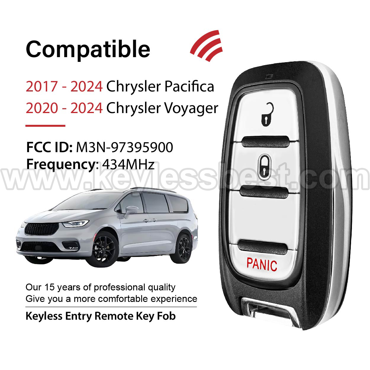 2017-2024 Chrysler Pacifica Voyager / 3 Buttons Keyless Entry Remote / M3N-97395900 / PN: 68217827AC - Image 2