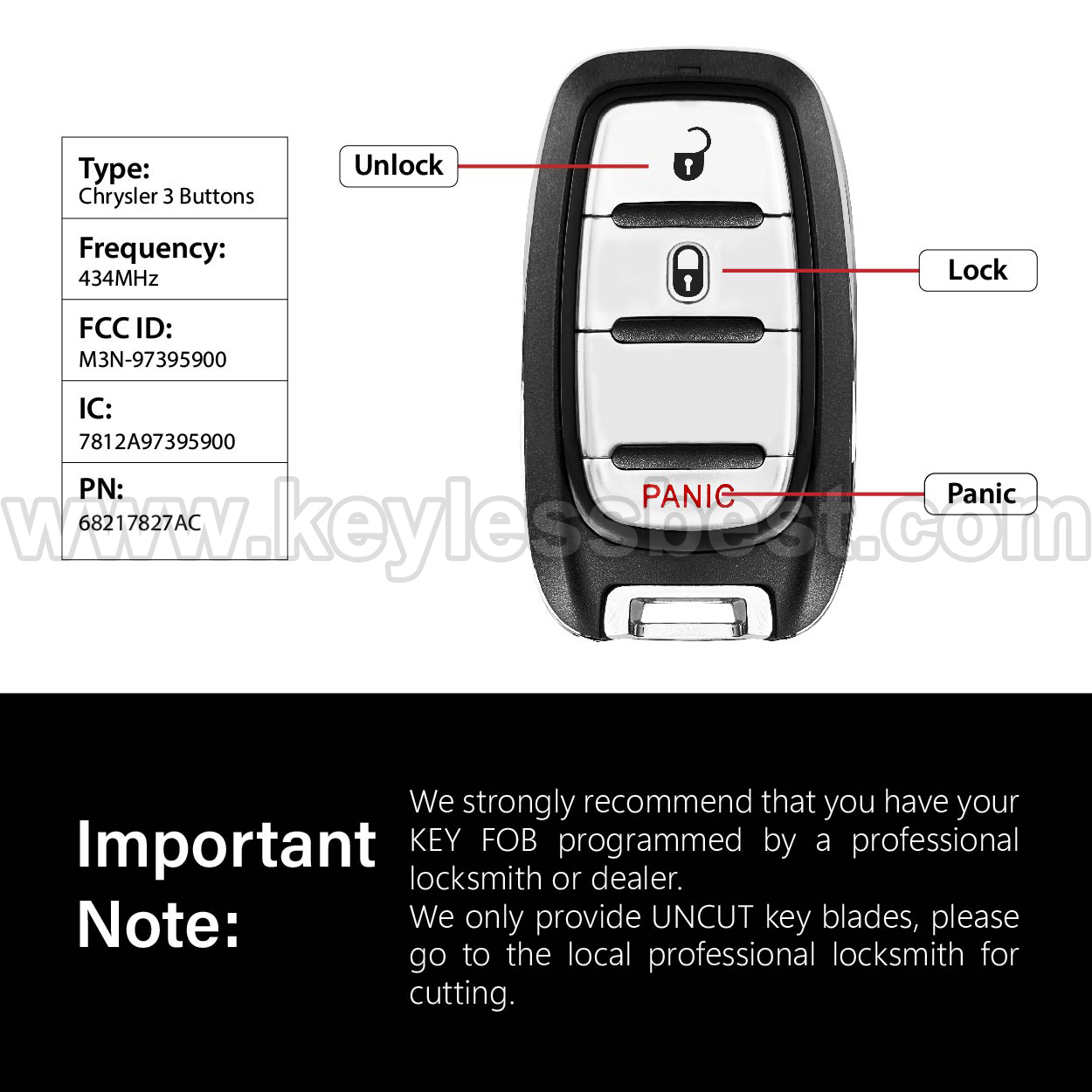 2017-2024 Chrysler Pacifica Voyager / 3 Buttons Keyless Entry Remote / M3N-97395900 / PN: 68217827AC - Image 3