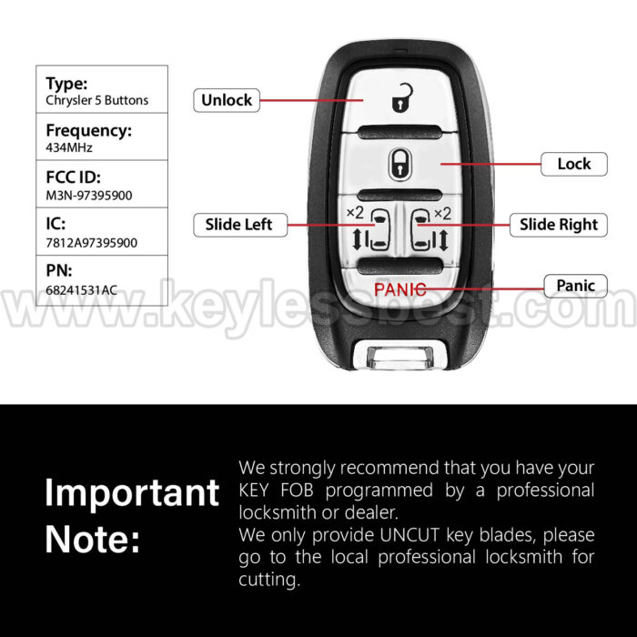 2017-2024 Chrysler Pacifica Voyager / 5 Buttons Keyless Entry Remote / M3N-97395900 / PN: 68241531AC - Image 3