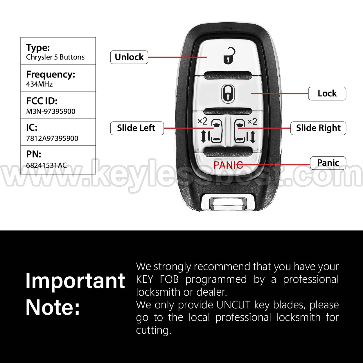 2017-2024 Chrysler Pacifica Voyager / 5 Buttons Keyless Entry Remote / M3N-97395900 / PN: 68241531AC - Image 3