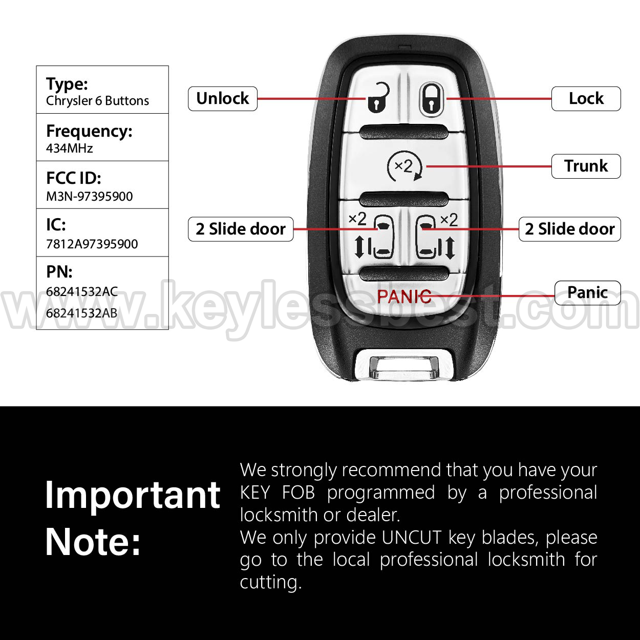 2017-2024 Chrysler Pacifica Voyager / 6 Buttons Keyless Entry Remote / M3N-97395900 / PN: 68241532AC, 68241532AB - Image 3