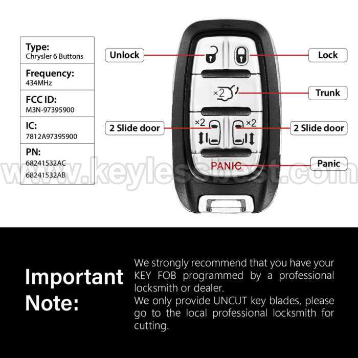 2017-2024 Chrysler Pacifica Voyager / 6 Buttons Keyless Entry Remote / M3N-97395900 / PN: 68241532AC, 68241532AB - Image 3
