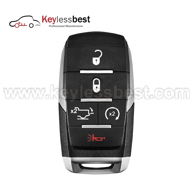 Dodge 5 Buttons 433MHz FCC ID: OHT-4882056 IC: 5461A-4882056 PN:68291691AD 68442909AB 68575604AA Buttons: Lock, Unlock, Panic, Remote Start, Power Tailgate 2019 - 2024 Dodge Ram 1500 Pickup