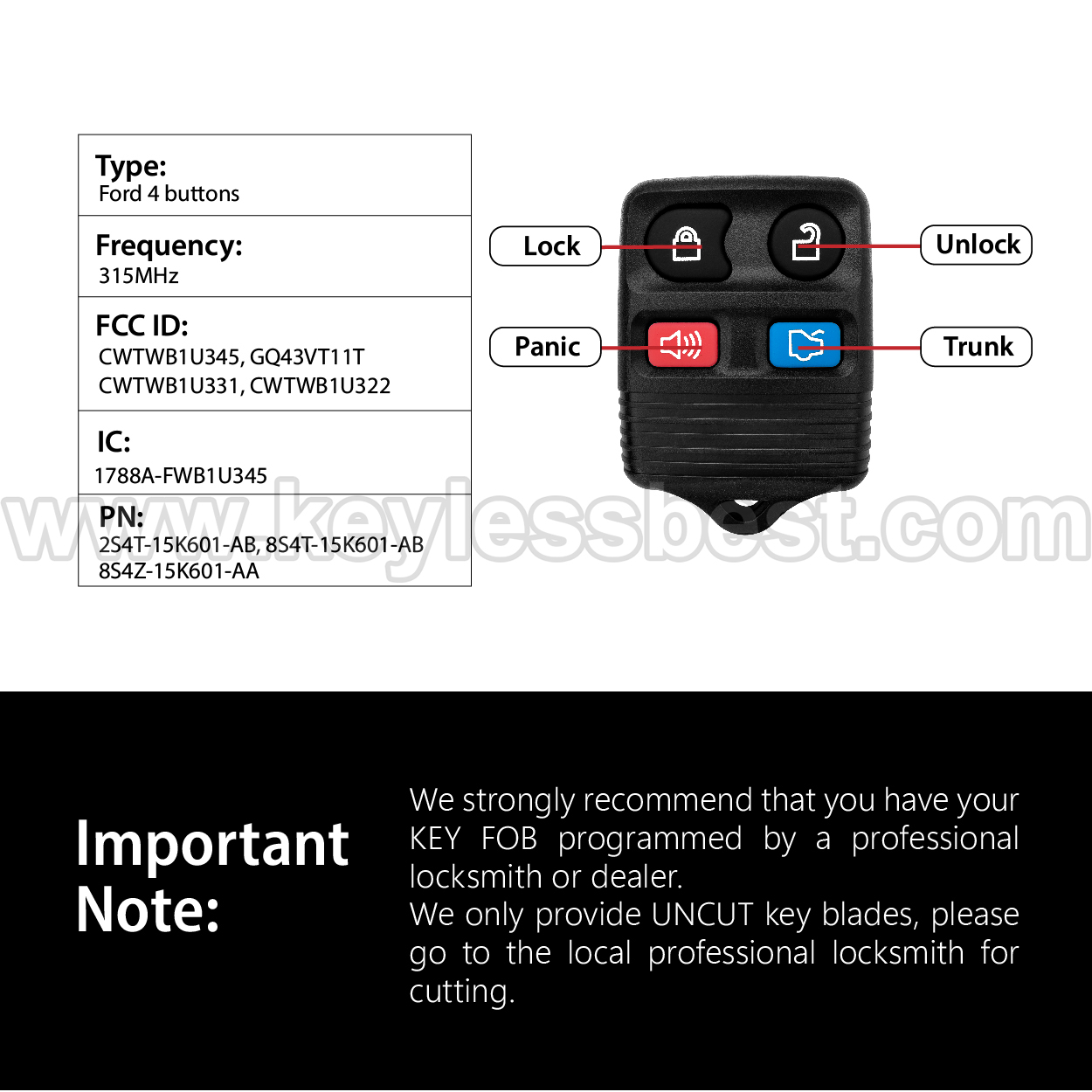 1999-2016 Ford Key Fob 2S4T-15K601-AB for keylessbest - Изображение 3